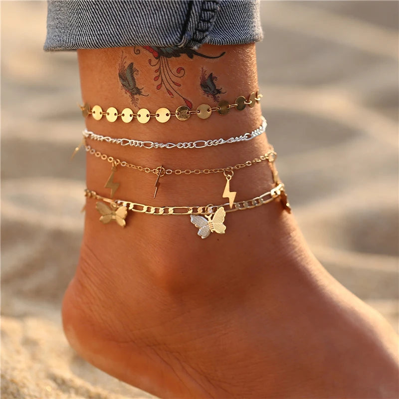 Fashion Gold Color Snake Chain Multilayer Anklets Women Beads Anklet Leg Chain Ankle Bracelets Beach Foot Jewelry Accessories