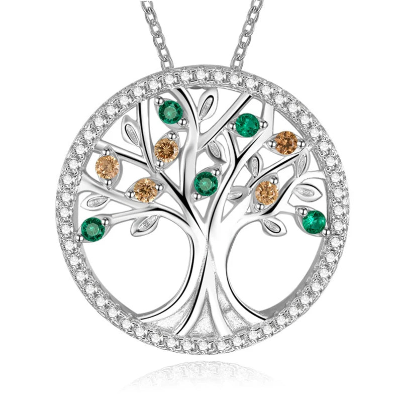 Silver Color Necklace For Women Jewelry Tree of Life Colorful Pendant Cubic Zircon Fashion Style Valentines Gifts