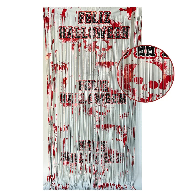 1Halloween Theme Spanish Blood Handprint Door Curtain Orange Black Rain Silk Curtain,Horror Atmosphere Props Party Decoration Do