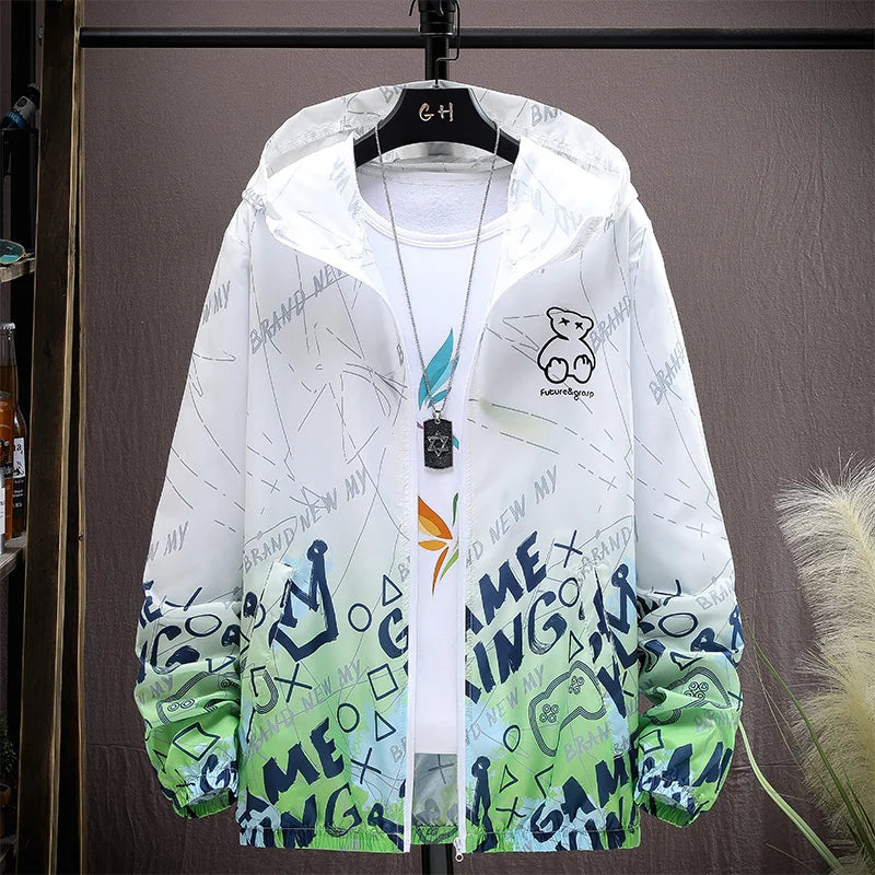 Summer Skin Coats Men Ultra Light UV Sun Protection Big Size Hooded Windbreaker Jacket Men printing Casual Outwear