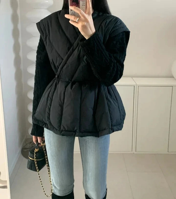 Korean Style Cross V-neck Drawstring Sleeveless Cotton Jacket for Women Solid Color Autumn Winter Vest Padded Coat Female
