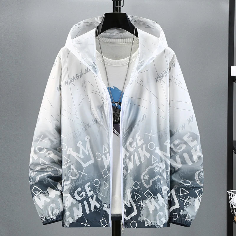 Summer Skin Coats Men Ultra Light UV Sun Protection Big Size Hooded Windbreaker Jacket Men printing Casual Outwear