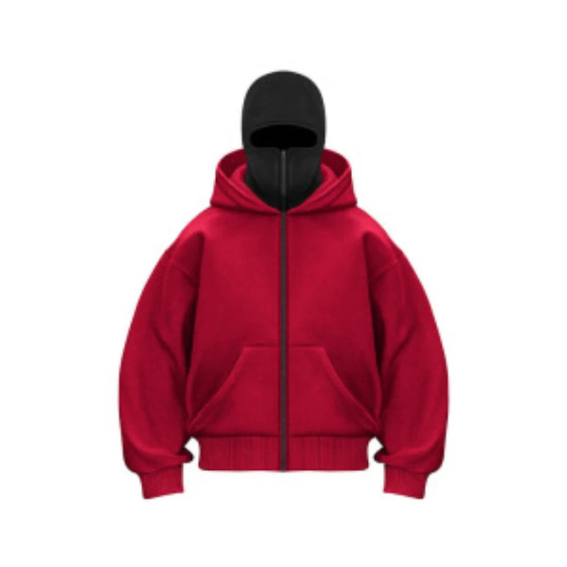 Y2K Hooded Face Mask Zipper Design Sports Jacket Balaclava Men Zip Hoodie Warm Casual Jacket Sweatshirt Outdoor Coat Clothing