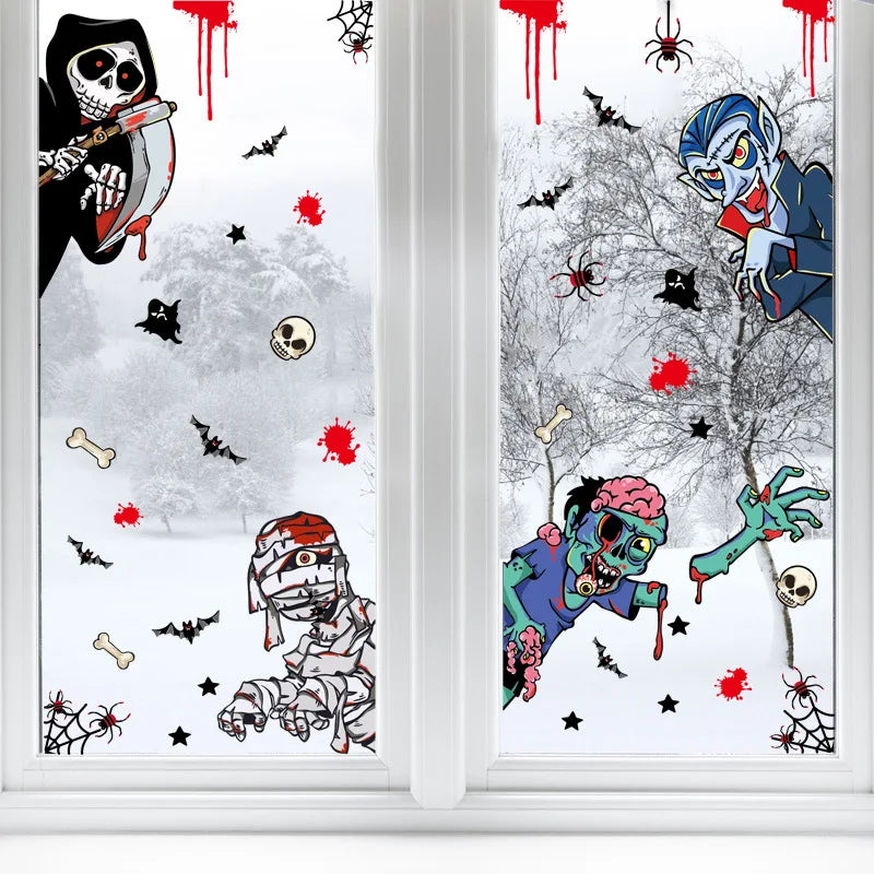 Halloween Glass Showcase Scene Decoration Ghost Zombies Pumpkin Spiders Electrostatic Window Stickers Halloween Party Decoration