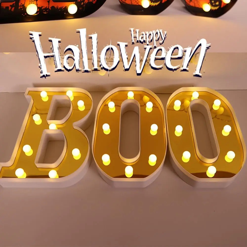 Halloween Decorations Indoor-3 LED Marquee Light Up Letters Black Boo Sign Letter Lights for Home Indoor Kitchen Fireplace Party