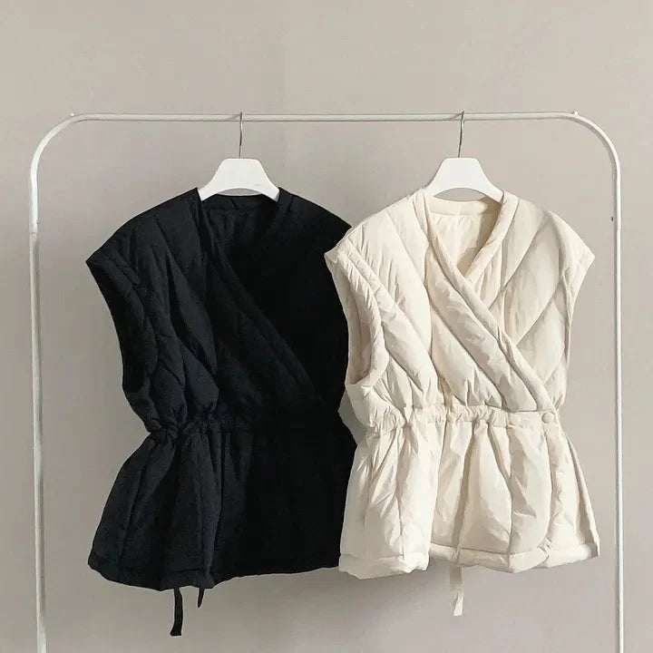 Korean Style Cross V-neck Drawstring Sleeveless Cotton Jacket for Women Solid Color Autumn Winter Vest Padded Coat Female