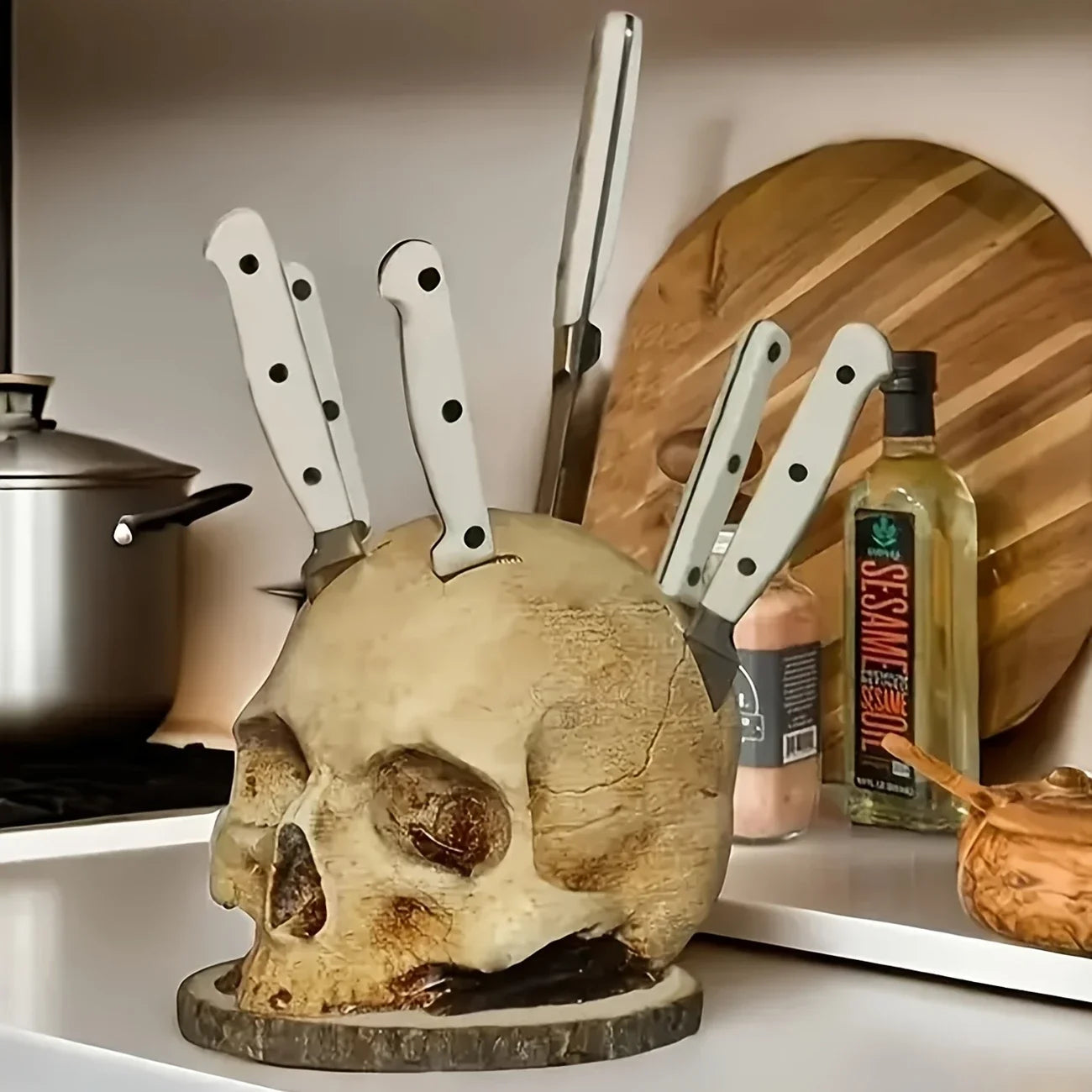 Skull Knife Holder Halloween Horror Kitchen Storage Head Rack Skeleton Knife and Fork Stand Desktop Ornaments Home Decoration