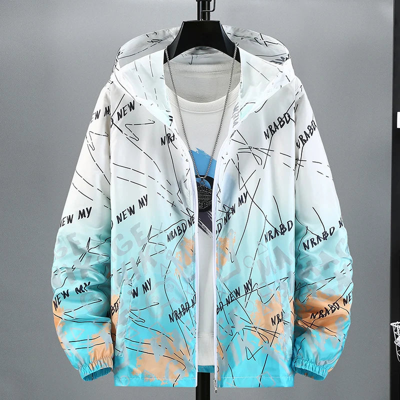 Summer Skin Coats Men Ultra Light UV Sun Protection Big Size Hooded Windbreaker Jacket Men printing Casual Outwear