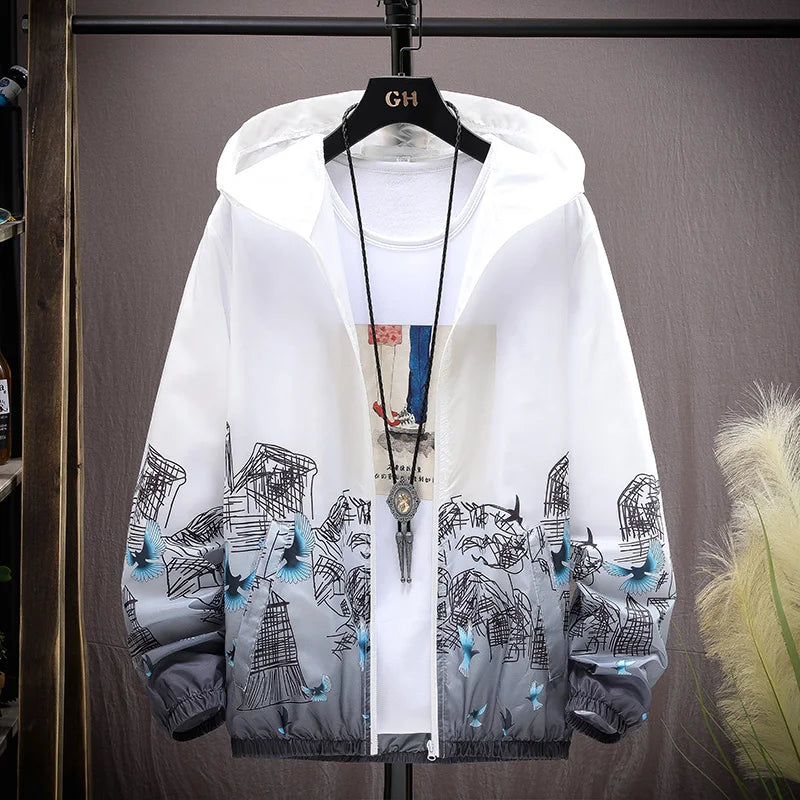 Summer Skin Coats Men Ultra Light UV Sun Protection Big Size Hooded Windbreaker Jacket Men printing Casual Outwear