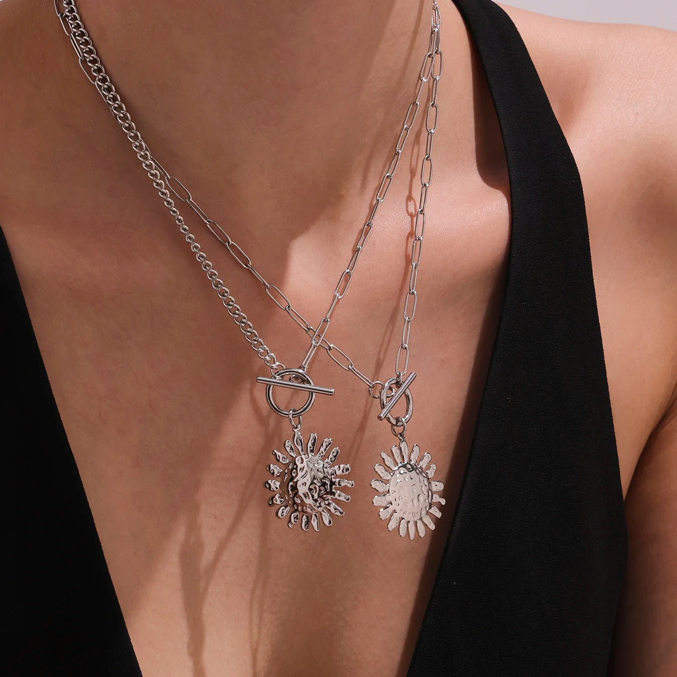 Gold Color Silver Sun Pendant Necklace for Women Luxury 18K Gold-Plated Stainless Steel 2 Chain Styles Women's Necklace Jewelry