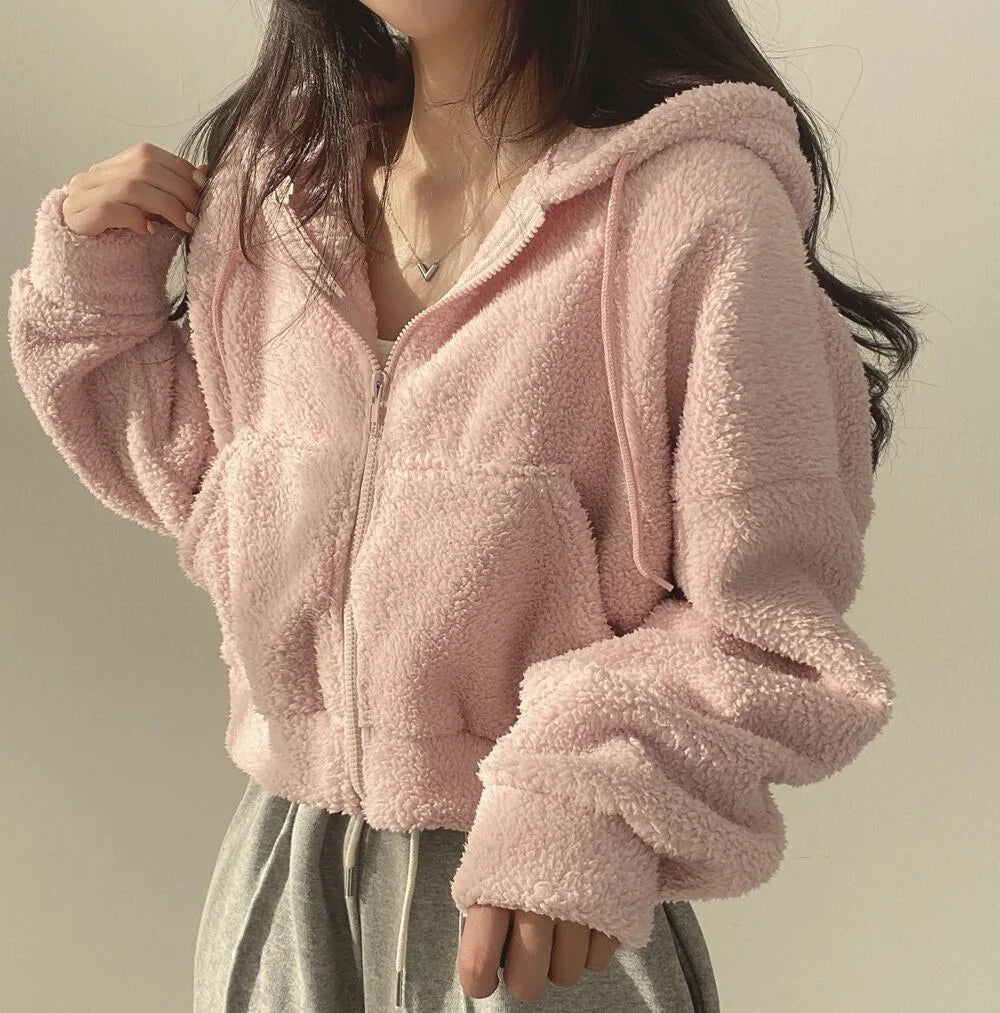Solid Lamb Wool Thick Sweatshirts Outerwear Y2k Short Zip-Up Hooded Sweatshirt Women Fleece Sudaderas Casual High Waist Hoodies