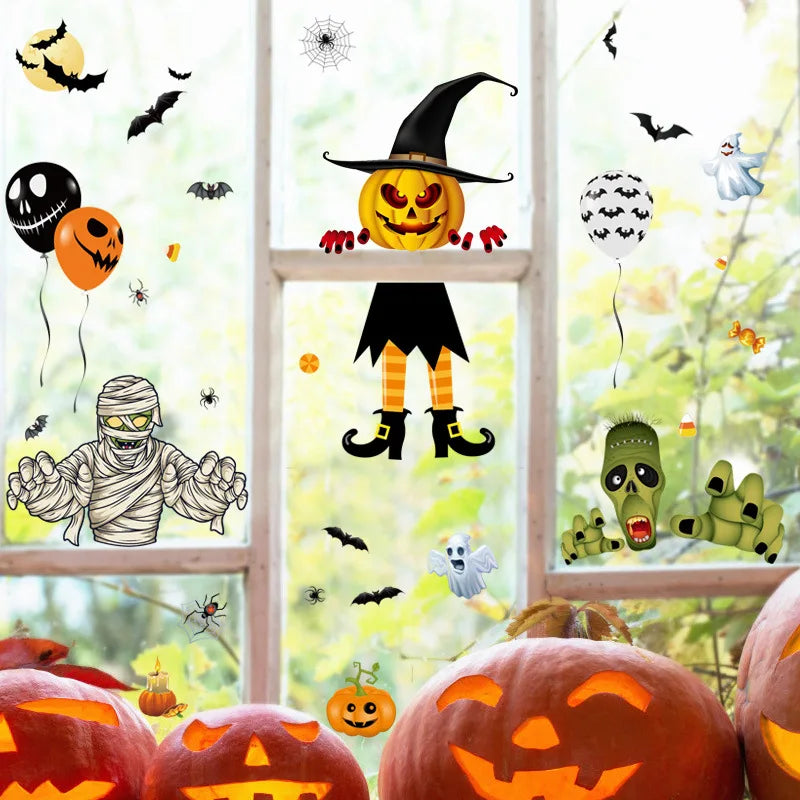 Halloween Glass Showcase Scene Decoration Ghost Zombies Pumpkin Spiders Electrostatic Window Stickers Halloween Party Decoration