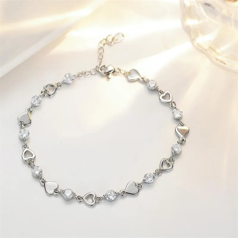925 Sterling Silver Hollow Heart Zircon Bracelets For Women Korean Sweet Sparkling Adjustable Chain Bracelet Fashion Jewelry