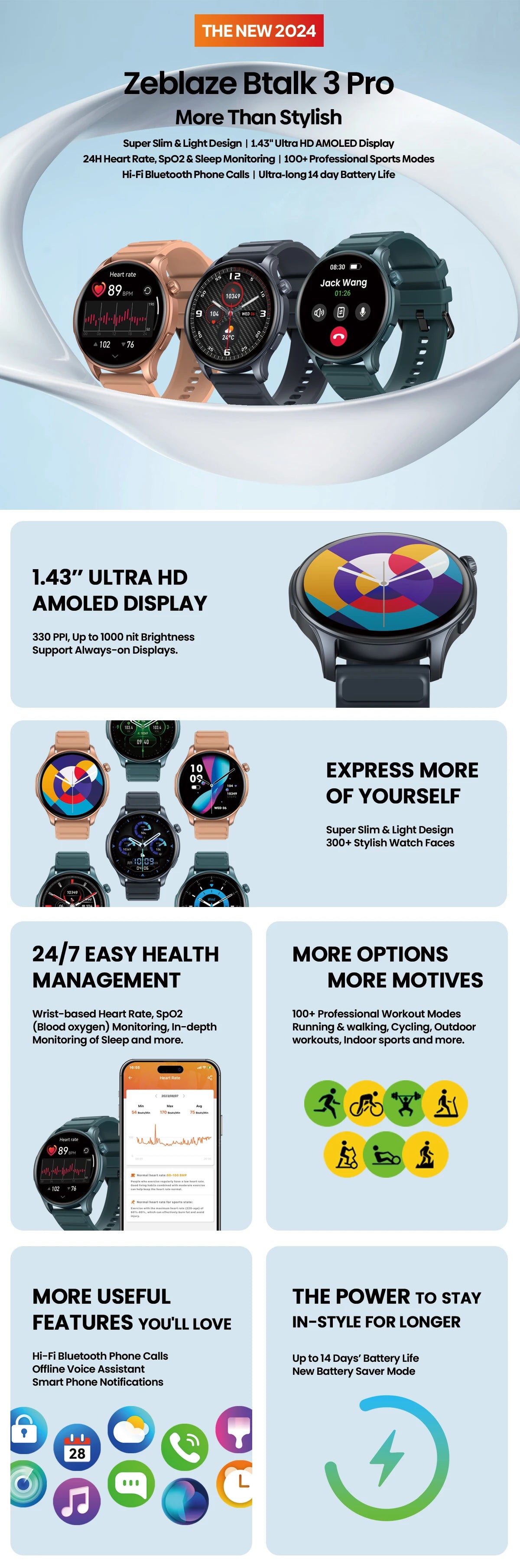 Zeblaze Btalk 3 PRO 1.43" AMOLED Display Smart Watch Make/Answer Phone Calls Heart Rate/SpO2/Sleep Breathing Training Smartwatch