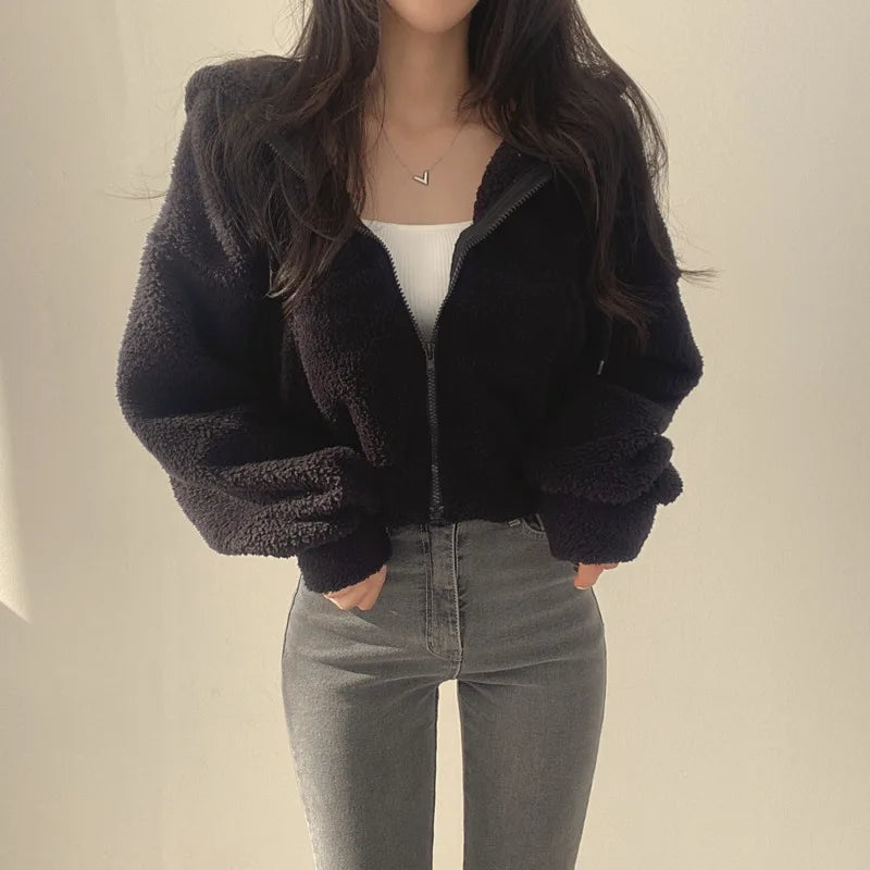 Solid Lamb Wool Thick Sweatshirts Outerwear Y2k Short Zip-Up Hooded Sweatshirt Women Fleece Sudaderas Casual High Waist Hoodies
