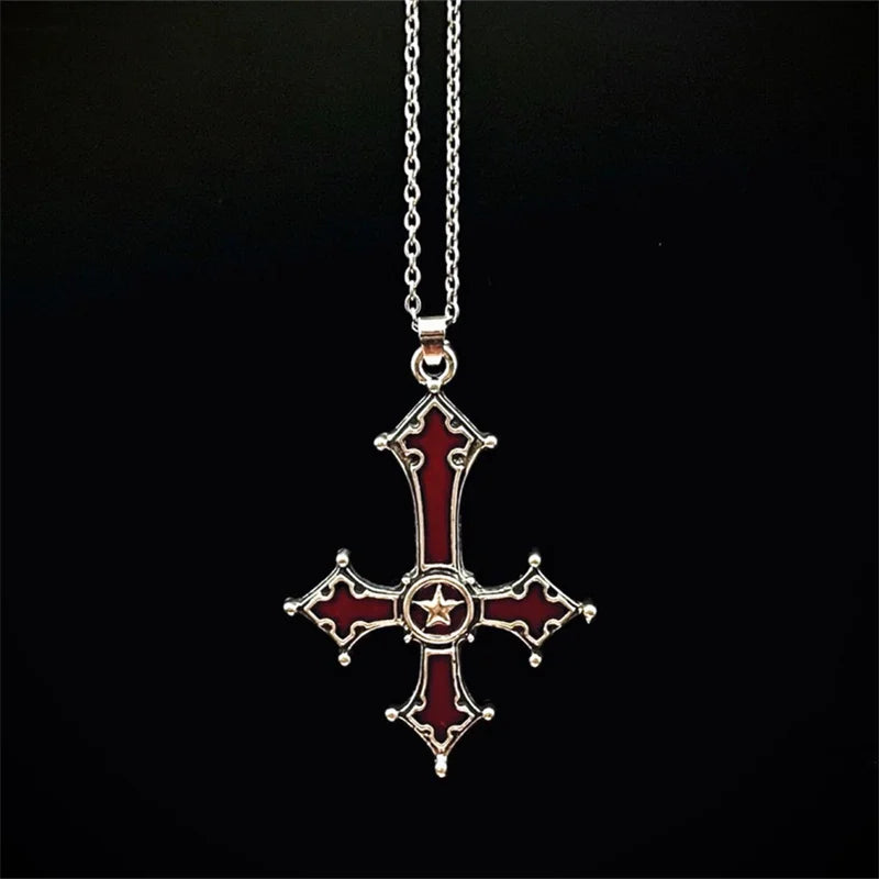 Gothic Punk Hip-pop Cosplay Necklace Unisex Blood Red Chain Alloy Choker Cross Pendant Jewelry Halloween Accessory Prop Gift