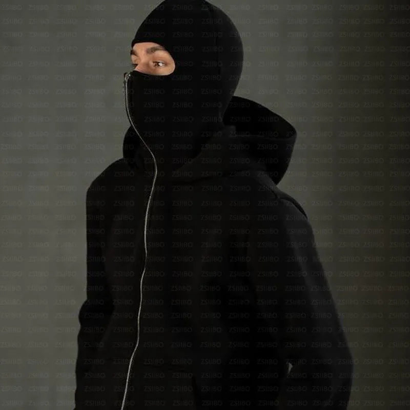 Y2K Hooded Face Mask Zipper Design Sports Jacket Balaclava Men Zip Hoodie Warm Casual Jacket Sweatshirt Outdoor Coat Clothing