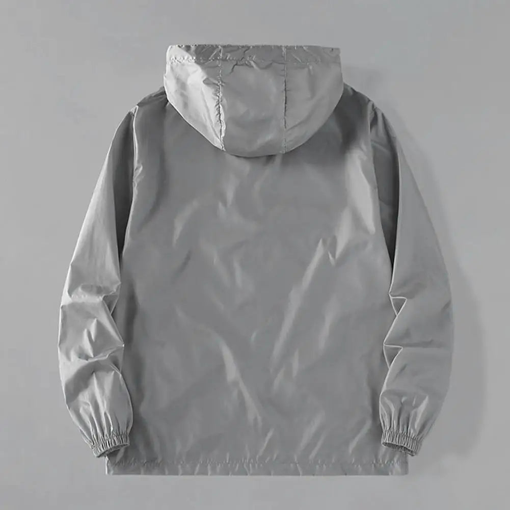 Summer Men Sun Protection Coat Anti-UV Hooded Long Sleeve Zipper Placket Men Jacket Solid Color Pockets Ice Silk Male Sun Coat