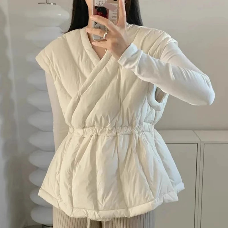 Korean Style Cross V-neck Drawstring Sleeveless Cotton Jacket for Women Solid Color Autumn Winter Vest Padded Coat Female