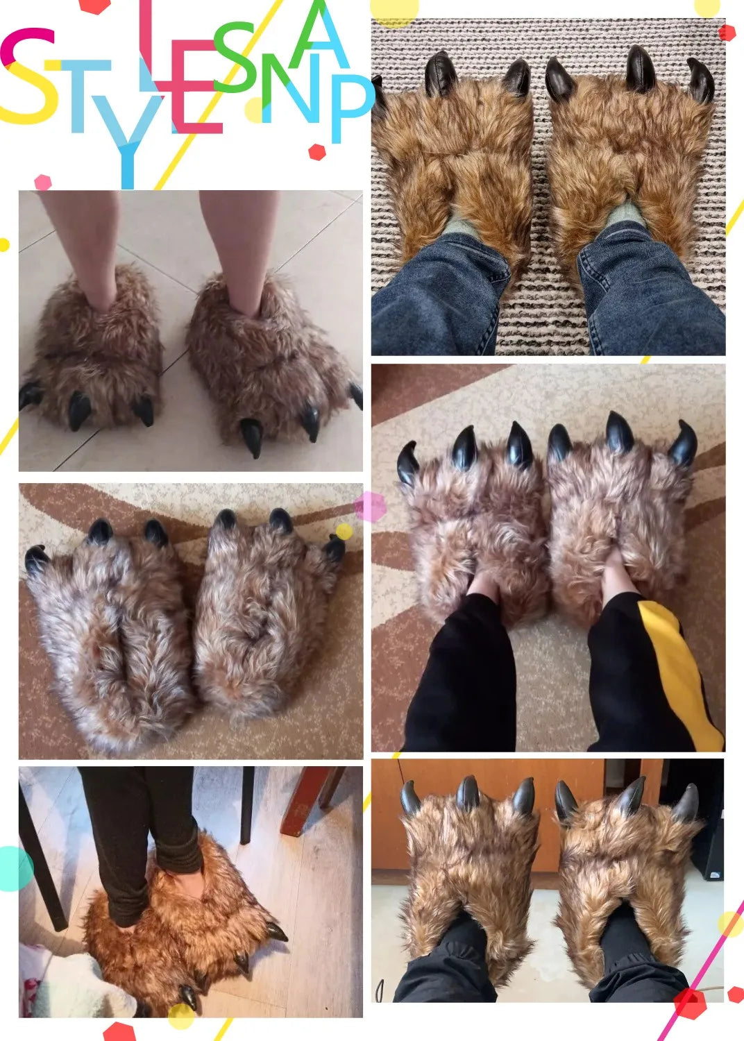 Black furry fur slippers men unisex chunky bigfoot shoes 2024 creative slip on bear paw slippers couples plush indoor shoes