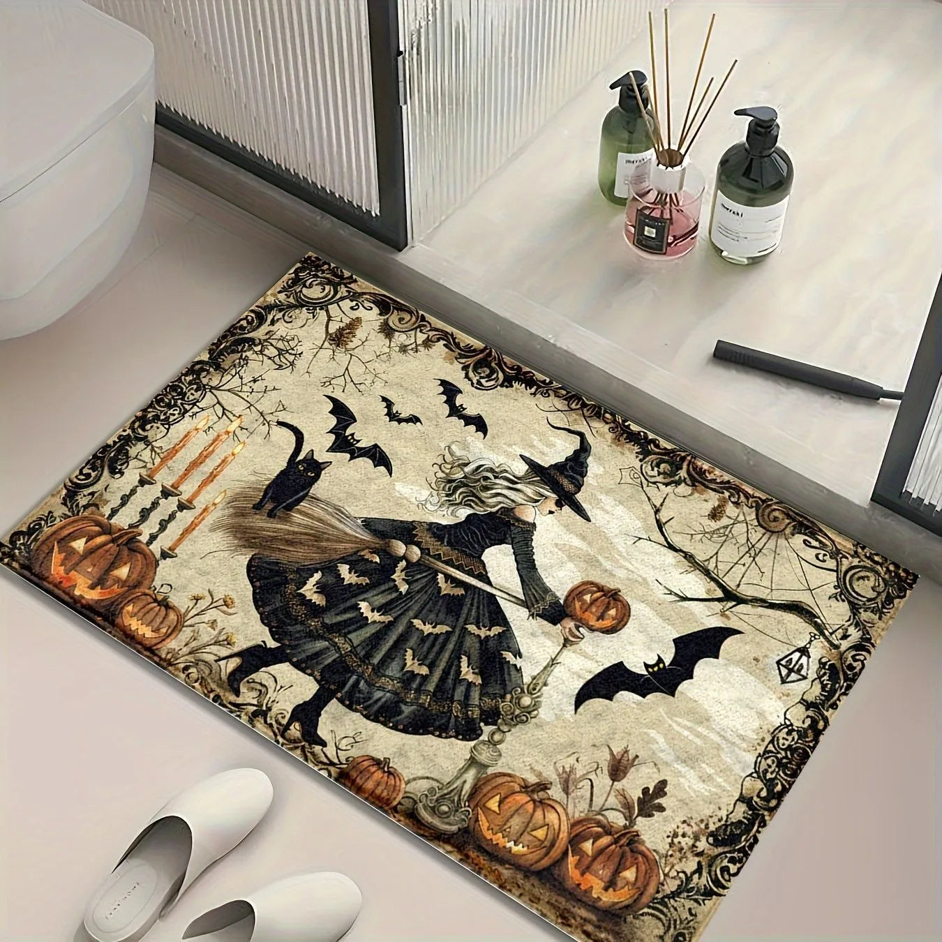 Halloween Pumpkin Bat Ghost Skeleton Thrilling Floor Mat Entrance Foyer Bathroom Absorbent Foot Door Mat Horror Skeleton