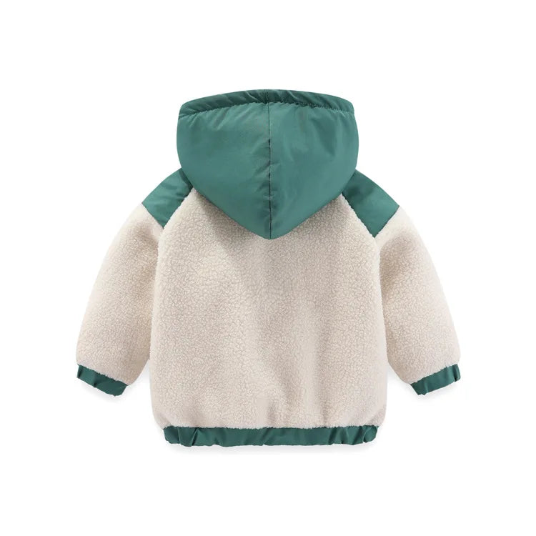 2024 Autumn/Winter New Thickened Cotton Coat Lamb Fleece Warm Hooded Color Block Coat 2-7 Year Old Outdoor Childrens Coat