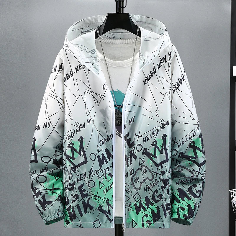 Summer Skin Coats Men Ultra Light UV Sun Protection Big Size Hooded Windbreaker Jacket Men printing Casual Outwear