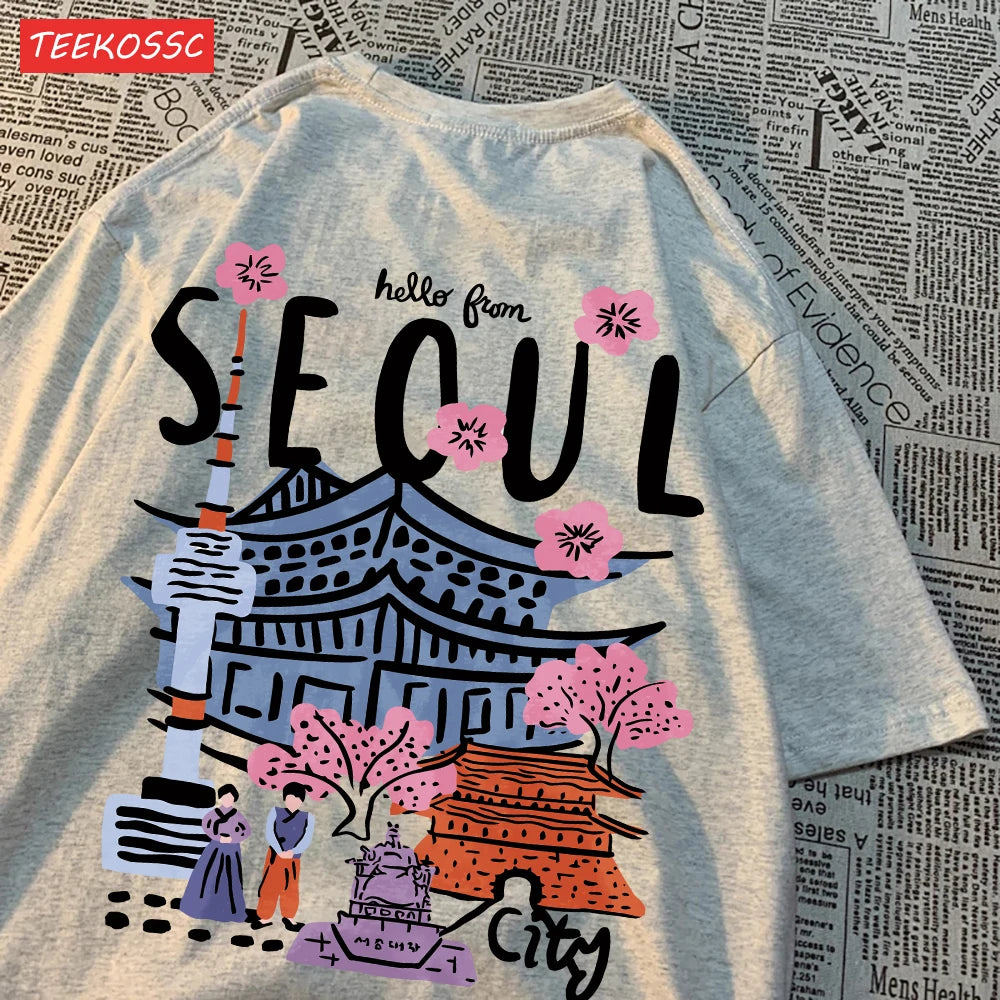Casual Cotton Womens T-Shirts Seoul Beautiful Scenery Printed Short Sleeve O-Neck Breathable Oversize Fashion Female Clothes