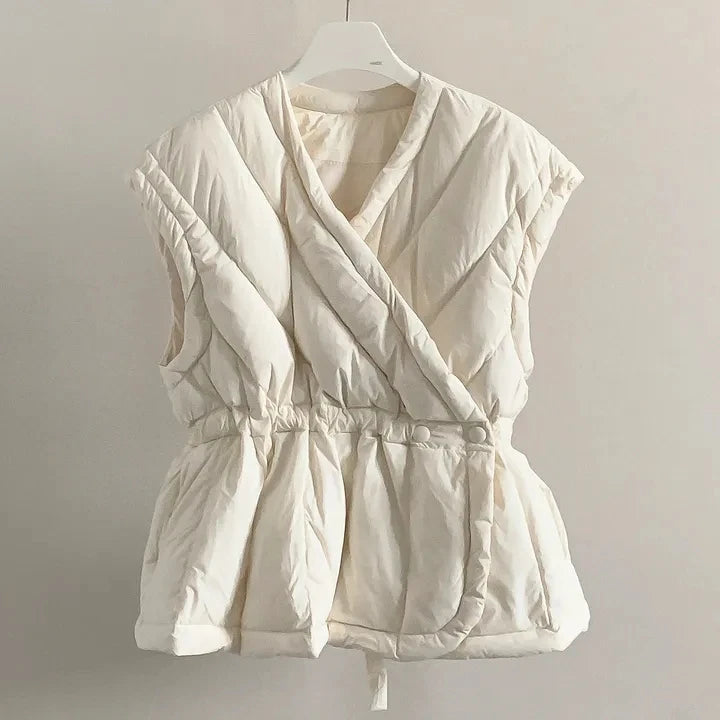 Korean Style Cross V-neck Drawstring Sleeveless Cotton Jacket for Women Solid Color Autumn Winter Vest Padded Coat Female