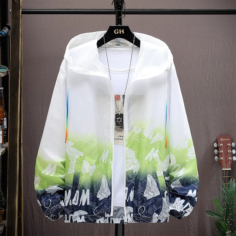 Summer Skin Coats Men Ultra Light UV Sun Protection Big Size Hooded Windbreaker Jacket Men printing Casual Outwear