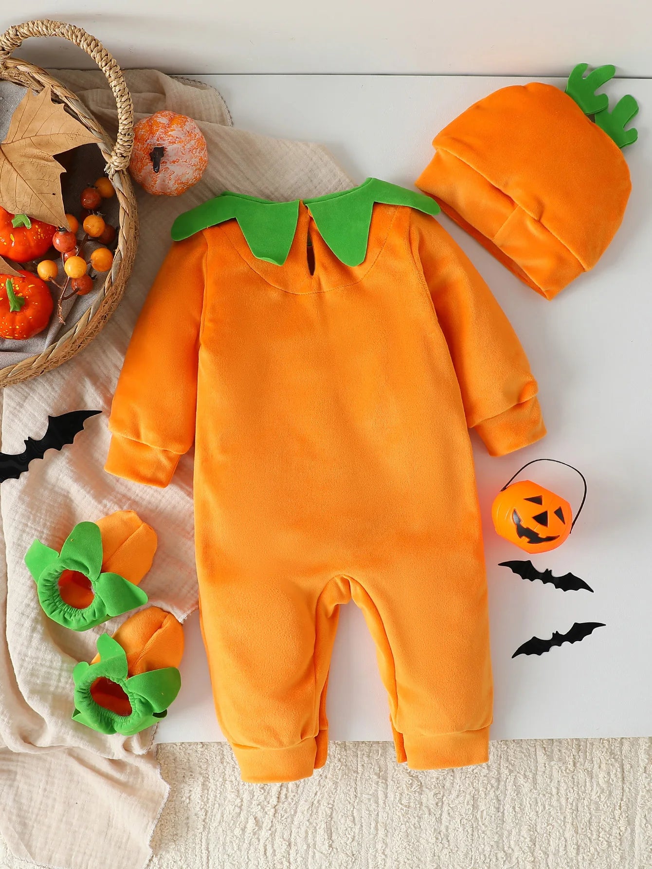 4Pcs Children's Clothing Baby Boys /Girls Fall/ Winter Jumpsuit Halloween Pumpkin Hat Long Sleeved Crawling Romper For 0-1Y