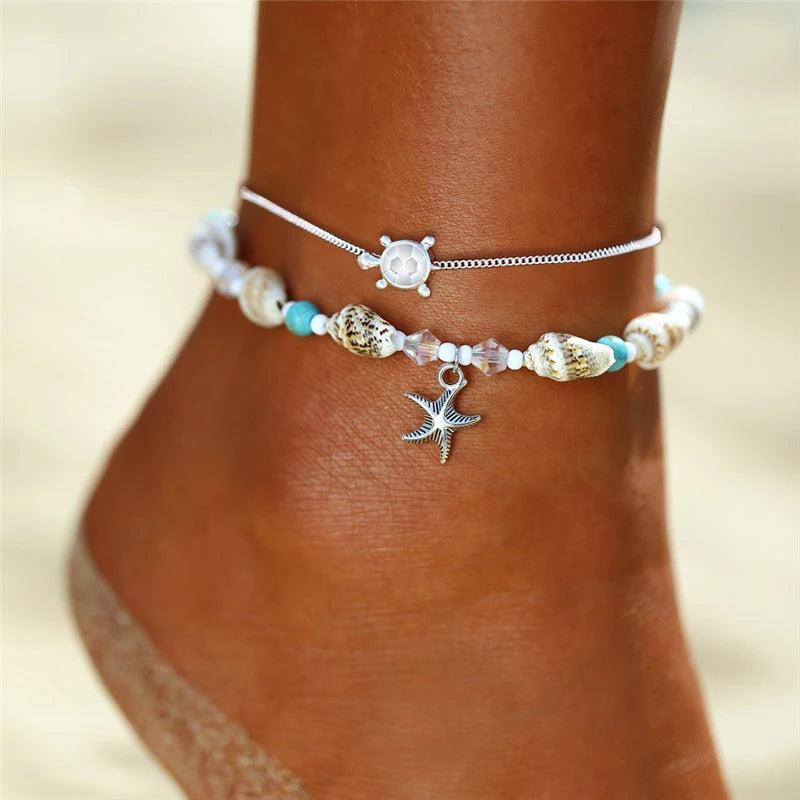 Fashion Gold Color  Snake Chain Multilayer Anklets Women Beads Anklet Leg Chain Ankle Bracelets Beach Foot Jewelry Accessories