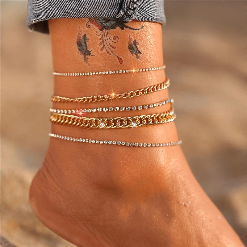 Fashion Gold Color  Snake Chain Multilayer Anklets Women Beads Anklet Leg Chain Ankle Bracelets Beach Foot Jewelry Accessories