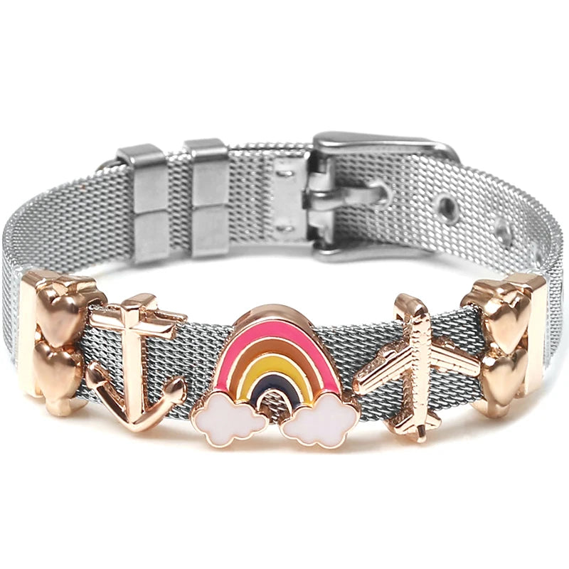 Silver Color Stainless Steel Mesh Watch Belt Bracelets For Women Men Couple Rose Gold Plated Lover Heart Charm Bracelet Bangle