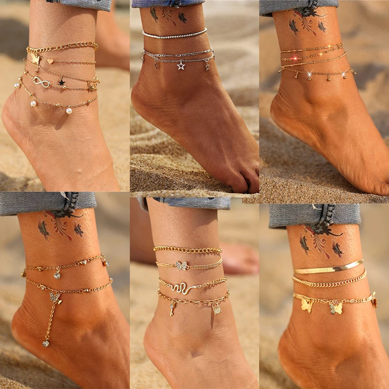 Fashion Gold Color  Snake Chain Multilayer Anklets Women Beads Anklet Leg Chain Ankle Bracelets Beach Foot Jewelry Accessories