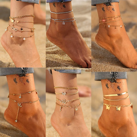 Fashion Gold Color  Snake Chain Multilayer Anklets Women Beads Anklet Leg Chain Ankle Bracelets Beach Foot Jewelry Accessories