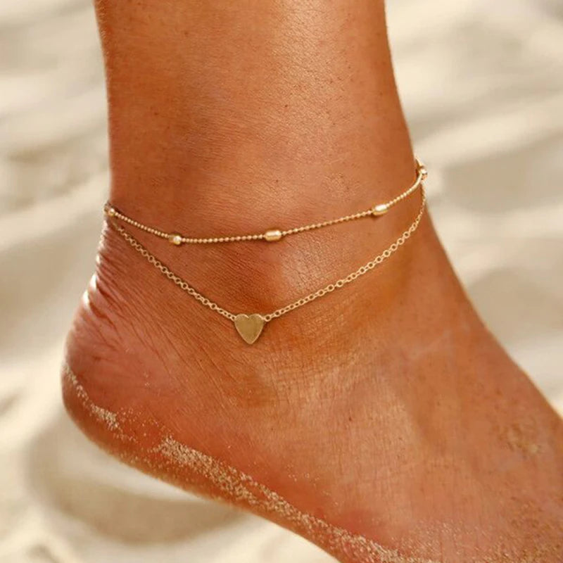 Fashion Gold Color  Snake Chain Multilayer Anklets Women Beads Anklet Leg Chain Ankle Bracelets Beach Foot Jewelry Accessories