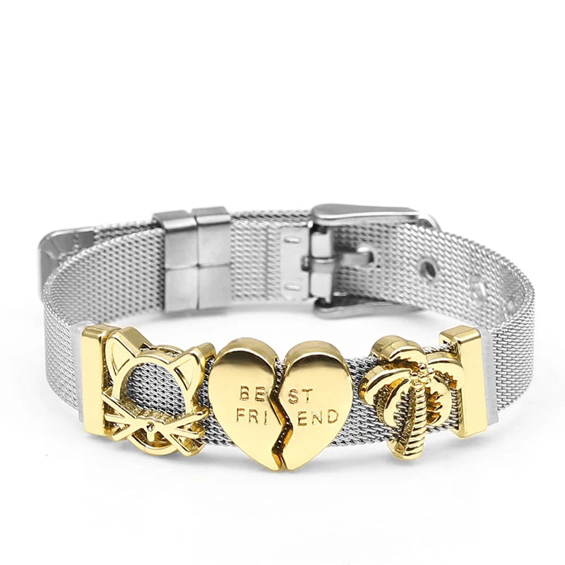 Silver Color Stainless Steel Mesh Watch Belt Bracelets For Women Men Couple Rose Gold Plated Lover Heart Charm Bracelet Bangle