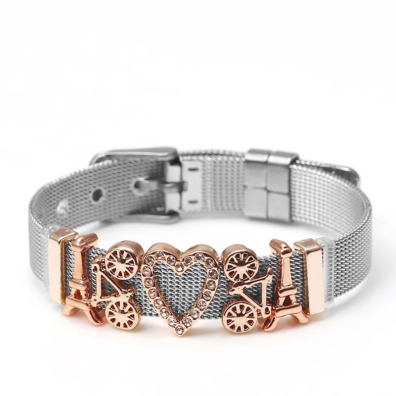 Silver Color Stainless Steel Mesh Watch Belt Bracelets For Women Men Couple Rose Gold Plated Lover Heart Charm Bracelet Bangle