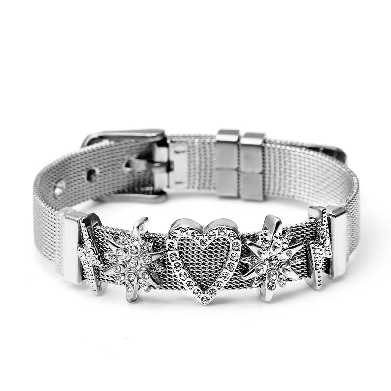 Silver Color Stainless Steel Mesh Watch Belt Bracelets For Women Men Couple Rose Gold Plated Lover Heart Charm Bracelet Bangle