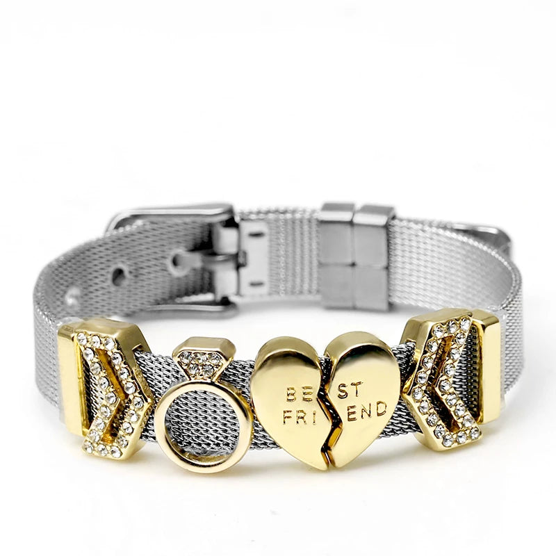 Silver Color Stainless Steel Mesh Watch Belt Bracelets For Women Men Couple Rose Gold Plated Lover Heart Charm Bracelet Bangle