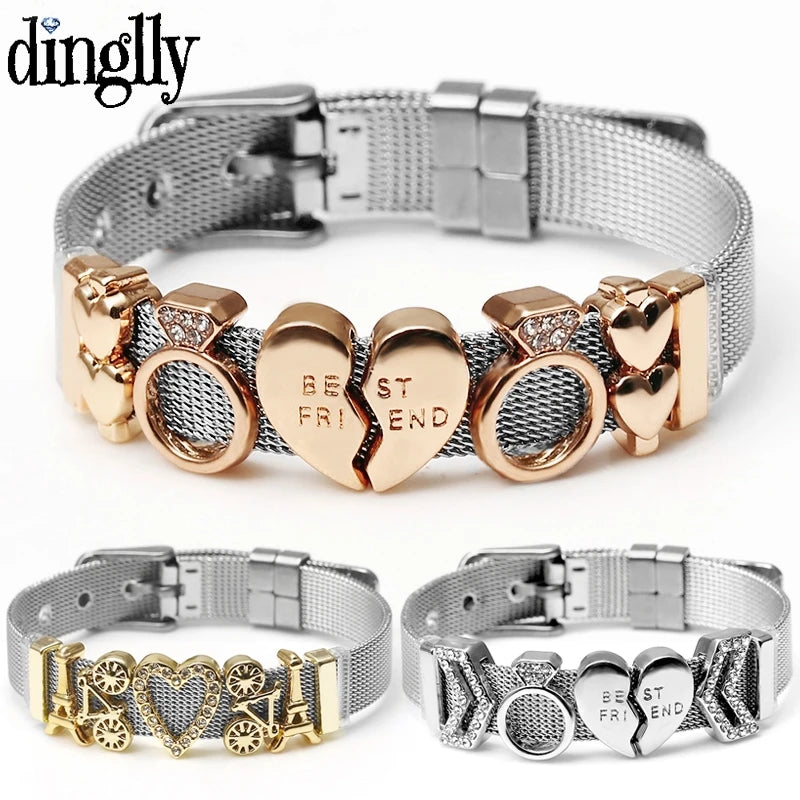 Silver Color Stainless Steel Mesh Watch Belt Bracelets For Women Men Couple Rose Gold Plated Lover Heart Charm Bracelet Bangle