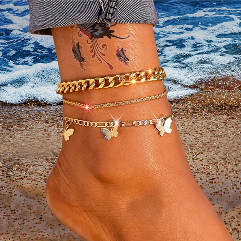 Fashion Gold Color  Snake Chain Multilayer Anklets Women Beads Anklet Leg Chain Ankle Bracelets Beach Foot Jewelry Accessories