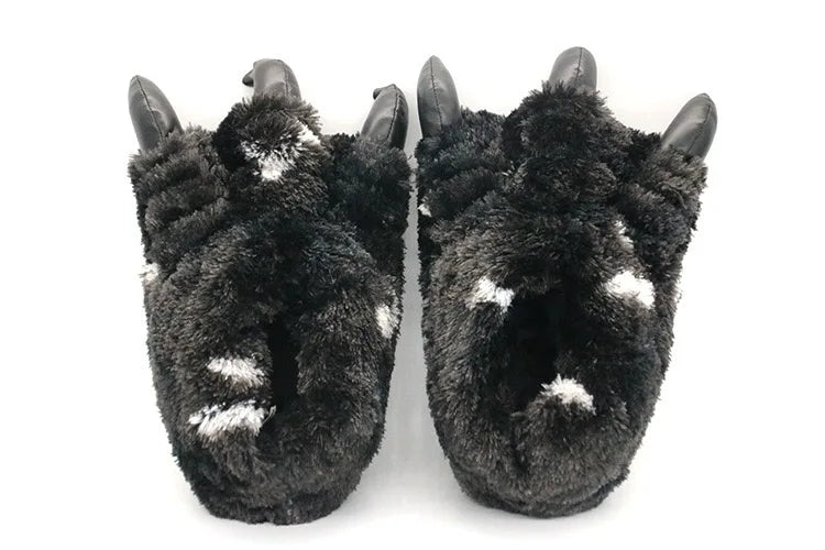 Black furry fur slippers men unisex chunky bigfoot shoes 2024 creative slip on bear paw slippers couples plush indoor shoes