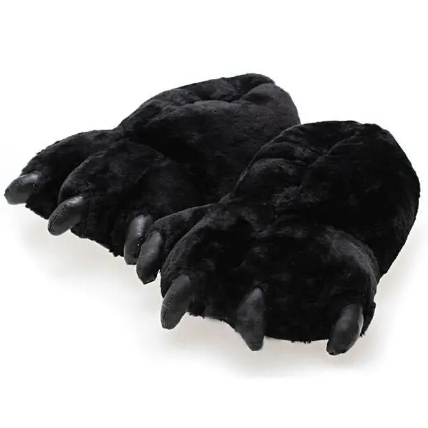 Black furry fur slippers men unisex chunky bigfoot shoes 2024 creative slip on bear paw slippers couples plush indoor shoes