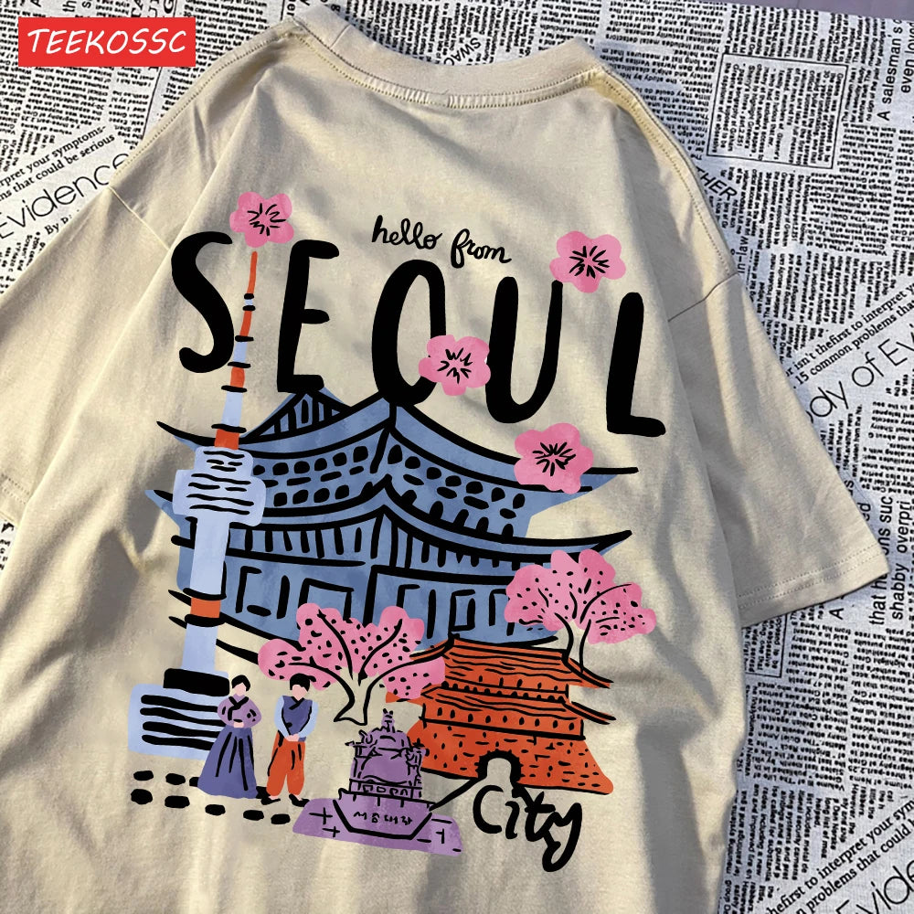 Casual Cotton Womens T-Shirts Seoul Beautiful Scenery Printed Short Sleeve O-Neck Breathable Oversize Fashion Female Clothes