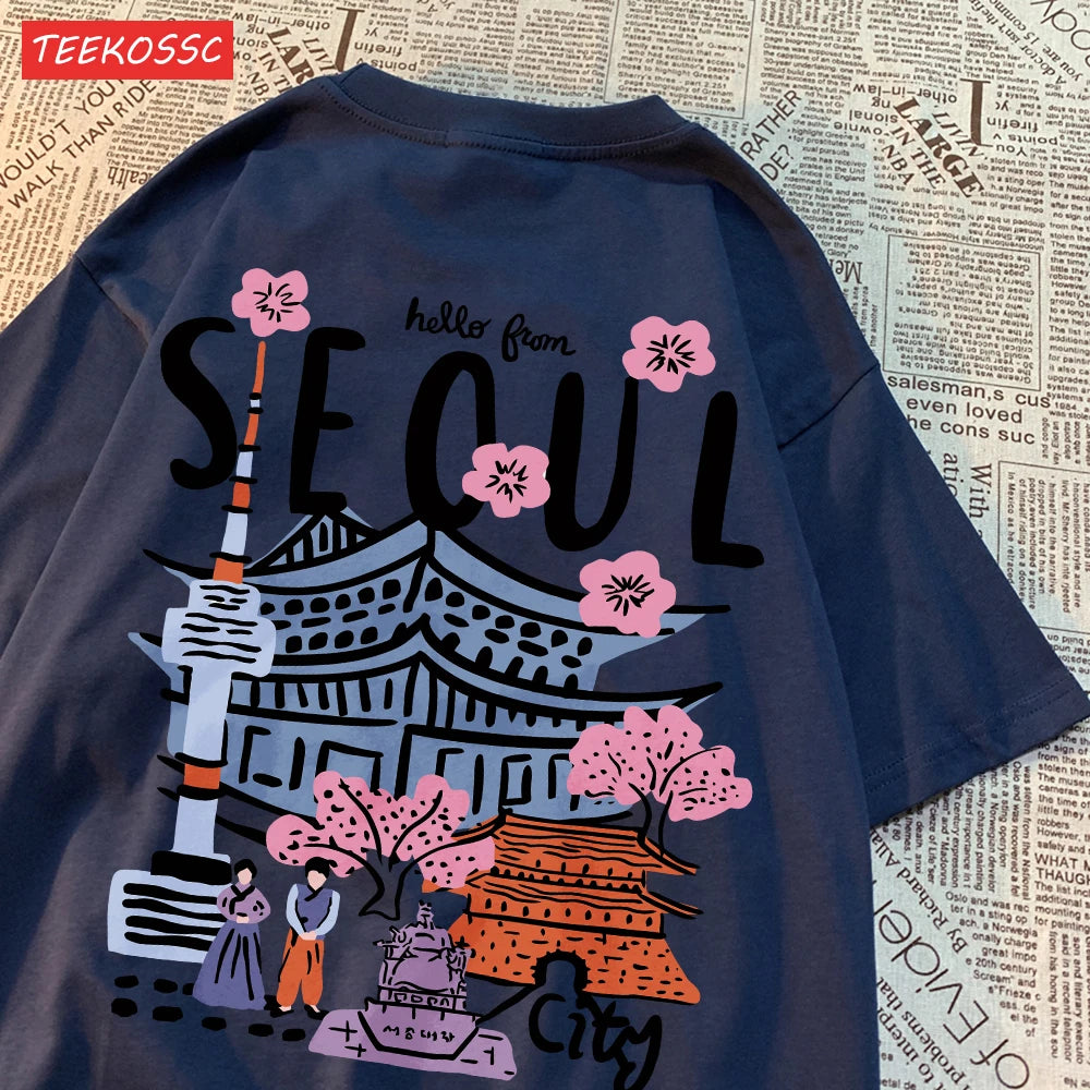 Casual Cotton Womens T-Shirts Seoul Beautiful Scenery Printed Short Sleeve O-Neck Breathable Oversize Fashion Female Clothes