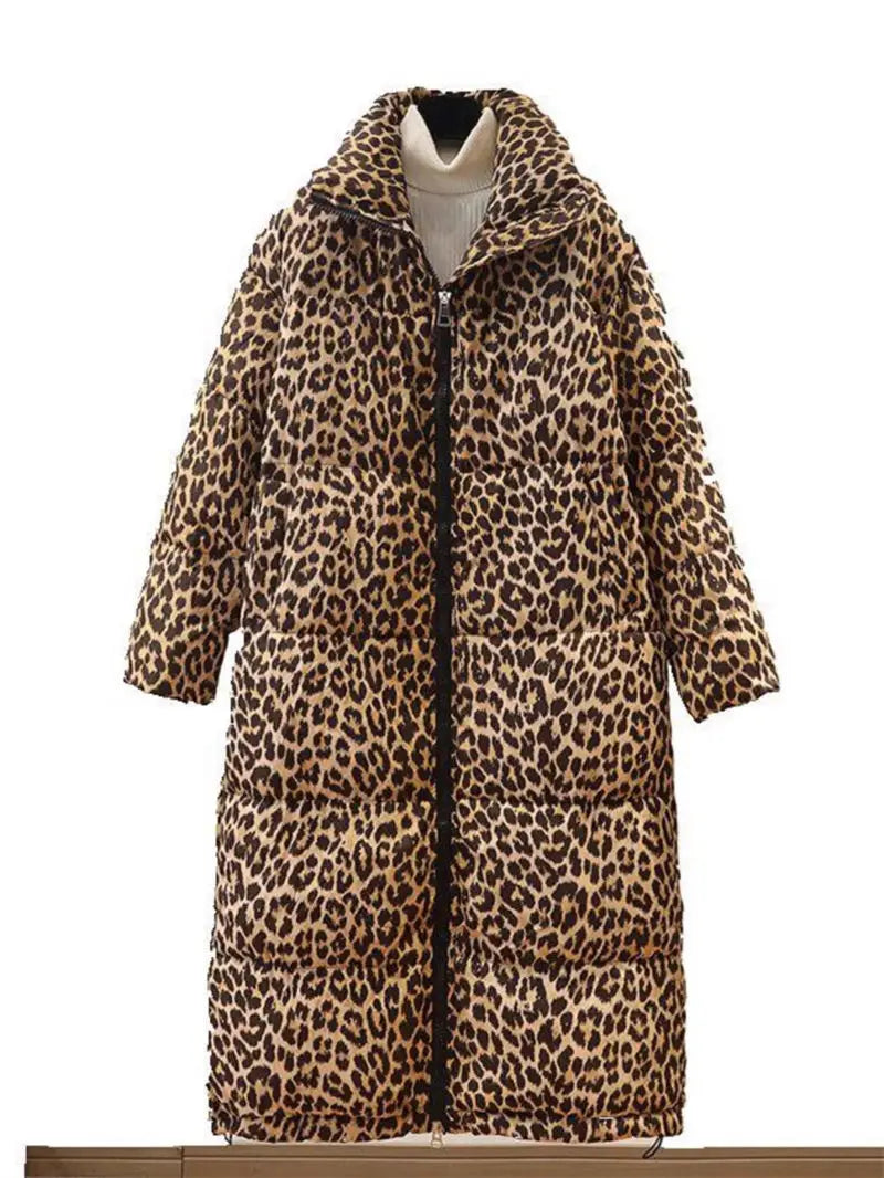 Winter Women's down jacket 2024 Trendy Simple Casual Stand Collar Zipper Large Size Cotton Padded Long Leopard Coat Outwear A236
