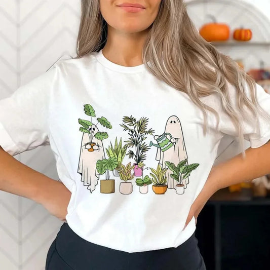 Funny Ghost Plant Halloween Plant Lover Printed Pattern Fashion Halloween Summer O-Neck T-Shirt Women's Casual Style T-Shirt