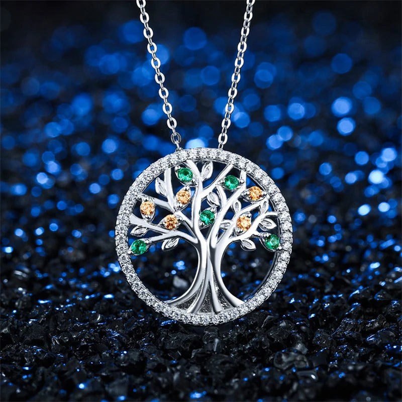 Silver Color Necklace For Women Jewelry Tree of Life Colorful Pendant Cubic Zircon Fashion Style Valentines Gifts